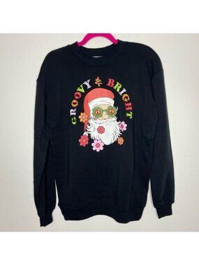 Better/Together Groovy & Bright Black Santa Print Sweater Size XS NWT